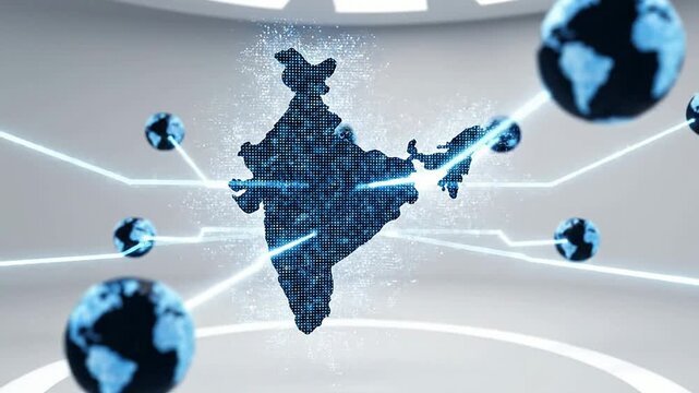 Floating 3D Digital Outline Of India Made Of Tiny Particles With Clean White Studio Background Representing Connectivity