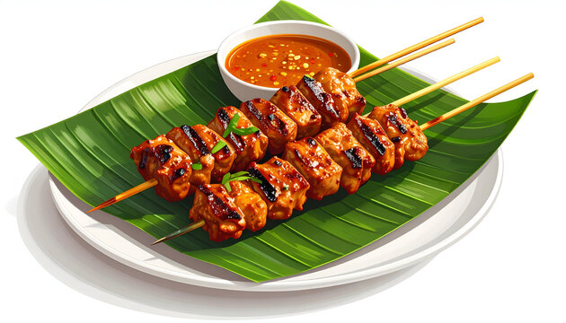 Delicious Chicken Satay Skewers with Peanut Sauce on Banana Leaf.
