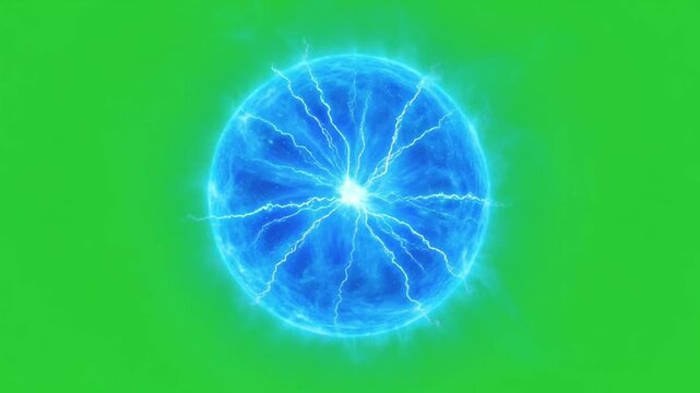 Glowing blue energy sphere plasma orb on green screen glow electric ball magic