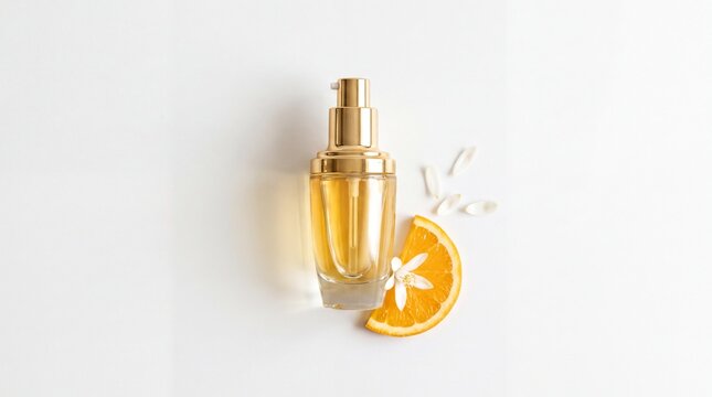 skincare essentials, a luxurious serum in a glass bottle alongside a fresh citrus slice