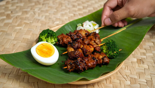 Delicious Chicken Satay Skewers Served on Banana Leaf with Boiled Egg and Broccoli.