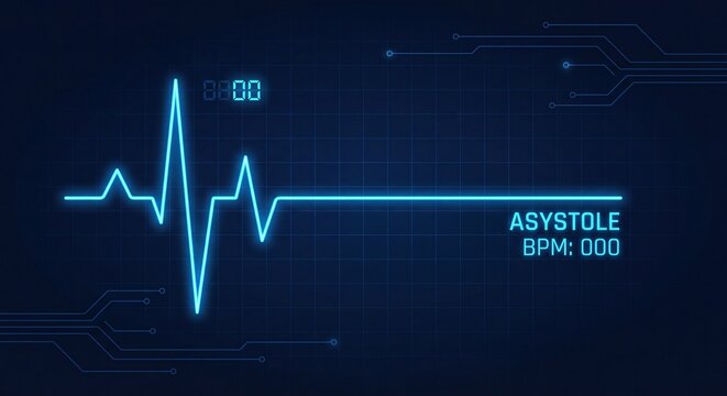 Digital Medical Monitor Interface Displaying Asystole Flatline and Zero Heart Rate on Tech Background