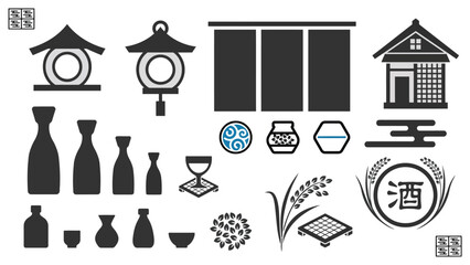 Japanese sake brewery and traditional alcohol icons set ©  VectorCrazeStock