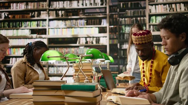 Mature adult student working at desktop and typing on keyboard, man in traditional clothing continuing education during computer class in library.