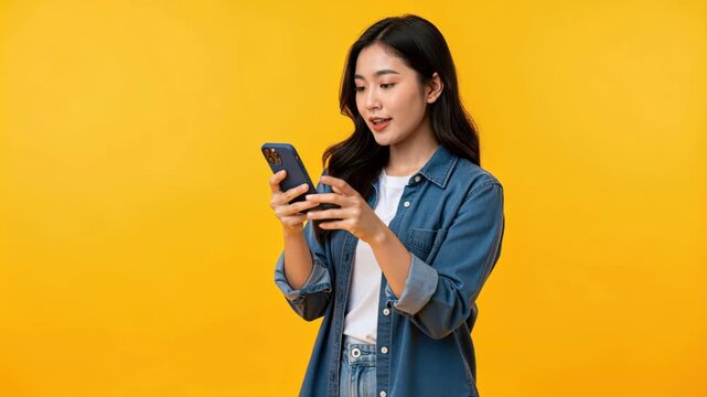 Charmed by Technology: A young woman with long, dark hair and a curious expression, engrossed in her smartphone, her face illuminated by the screen's glow against a vibrant yellow backdrop.