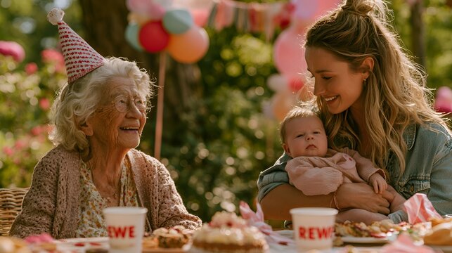 Three generations of a happy family celebrating a birthday outdoors, featuring an elderly woman in a party hat, a smiling young mother, and her baby
