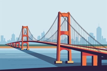 Naklejka premium Architectural illustration of a large orange suspension bridge crossing a wide body of water with a distant modern city skyline.