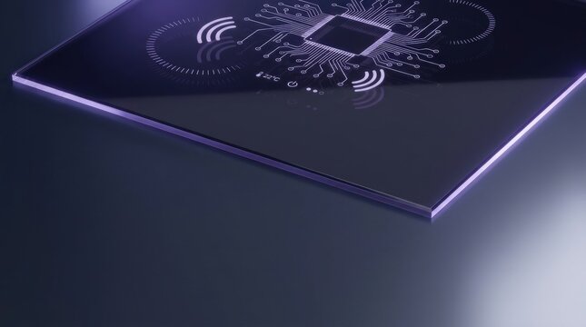Conceptual Technology Control Interface with PID Circuitry on Smoked Dark Violet Acrylic Background
