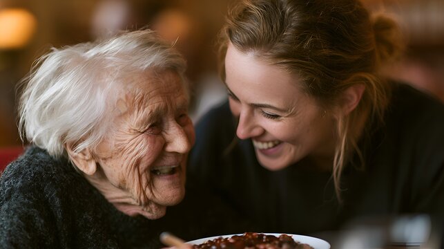 A joyful intergenerational moment between an elderly woman and a younger woman laughing and sharing a meal