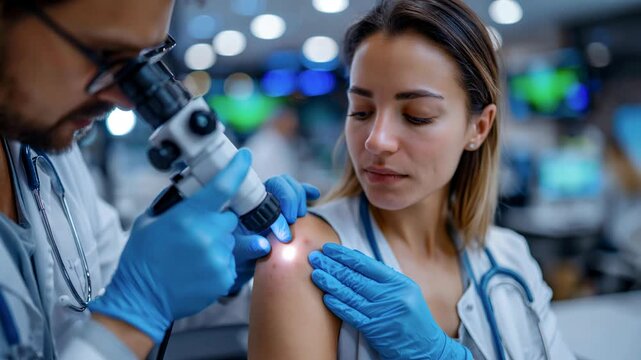 Dermatologist marks skin and examines a shoulder mole during a clinic visit
