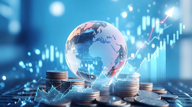 Stacking coins and virtual globe with stock market graph, upward arrows. Concept of financial growth, compound interest, long term investment.