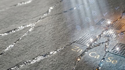 Fototapeta premium Luxury Mineral Therapy and Geology Grid Interface with Gold and Platinum Inlay on Crystalline Grey Stone Slab