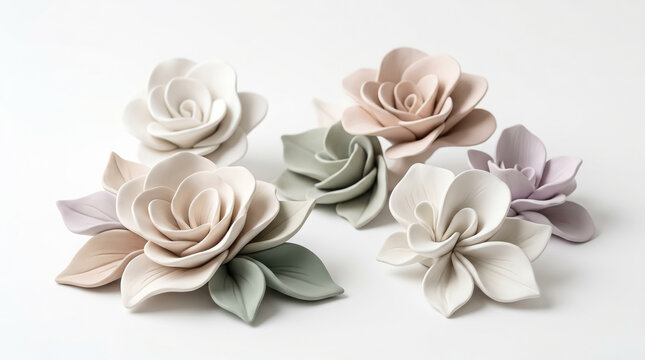 Ceramic Flower Sculptures Handmade Porcelain Clay Floral Decor Pastel Color Porcelain Flowers for Wedding and Home Decoration Craftsmanship Background