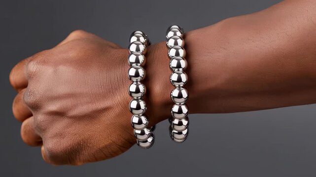 Shiny Bracelet Adornment: A close-up shot showcases a person's wrist adorned with two stylish, round, beaded bracelets made of polished metal, highlighting their elegant design.
