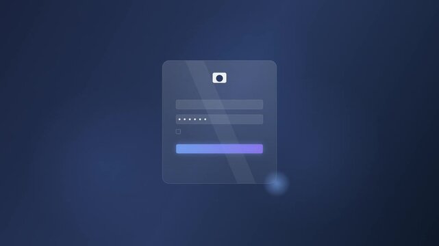 Glassmorphism style login screen animation with email and password fields checkbox and gradient sign in button on a dark blue background for app authentication