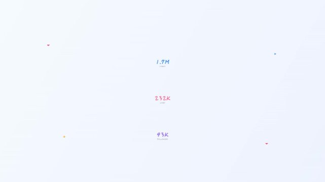 Social media statistics animation with animated views likes and followers counters plus heart and star icons on a light blue engagement background