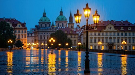 Obraz premium Cobblestone street with gas lamps glows in rain. Historic European architecture illuminated by soft golden light. Cityscape at night with wet pavement reflections and dark atmosphere.
