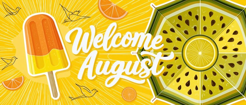 Colorful welcome august vacation banner with fruits and ice cream. Hand drawn illustration