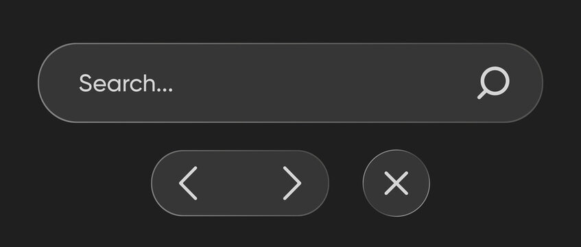 Dark glass UI search bar with search icon. microphone and camera scan buttons for modern app interface. voice search. visual search. website header. mobile design and vector user interface element