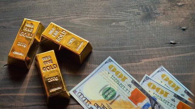 Gold bars and US dollar banknotes on wooden table with sunlight, symbolizing wealth, investment, finance, savings, and safe assets.