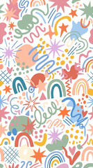 Obraz premium Playful Abstract Seamless Pattern with Hand-Drawn Whimsical Shapes, Stars, Rainbows, and Dots in a Modern Pastel Color Palette. Cheerful Digital Illustration for Kids, Fashion, and Backgrounds.