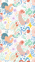 Fototapeta premium Vibrant Abstract Seamless Pattern with Organic Hand-Drawn Shapes, Squiggles, and Dots in Pastel Colors on White Background – Playful Modern Artistic Design Element