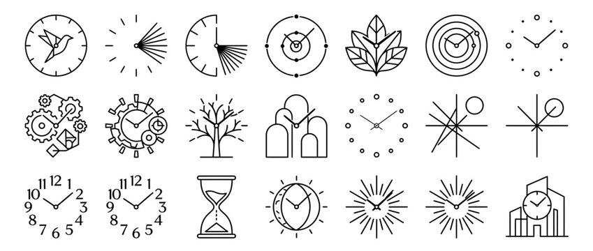 Set of minimalist linear clock icons and time measurement symbols