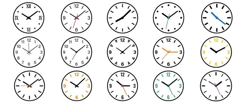 Set of Minimalist Round Analog Clock Faces with Various Numbering Styles
