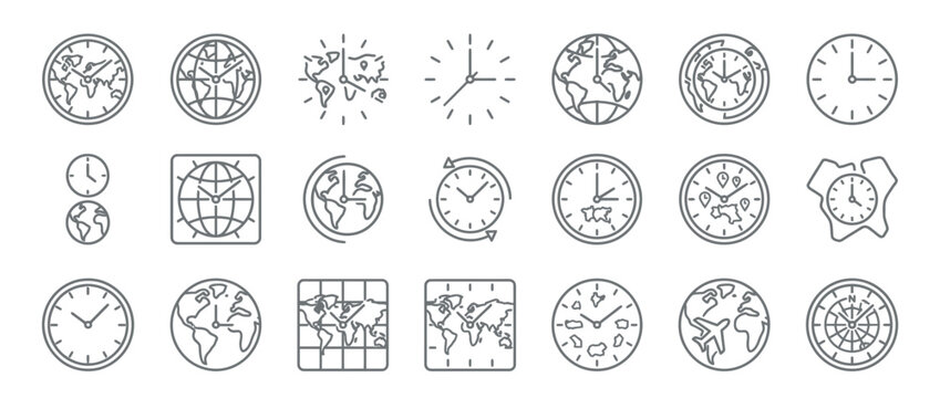 Set of minimalist world clock and global time zone line icons for international business and travel