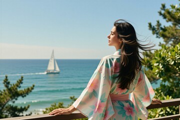 Fototapeta premium Woman in flowery robe stands on terrace balcony overlooking ocean. Gentle sea breeze blows hair, sailboat glides on blue water. Peaceful morning resort relaxation.