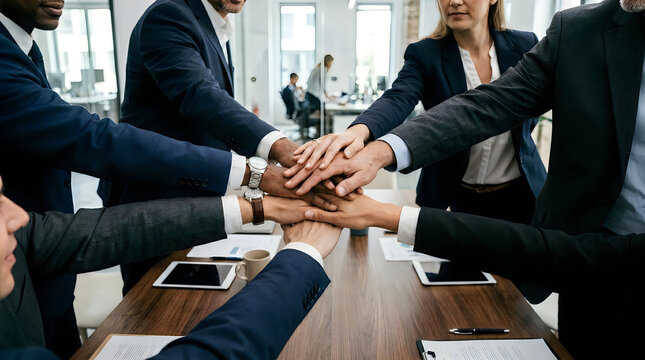 Diverse business team stacking hands for unity and corporate collaboration