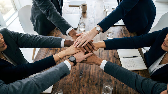 Business team joining hands in symbolic act of unity and professional synergy