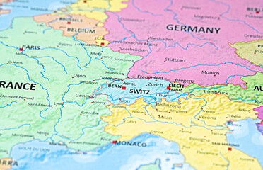 Fototapeta premium Detailed map of Western Europe showing France, Switzerland, Germany, and Italy
