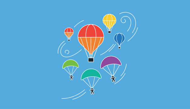 Group of adventurous skydivers glides through the air with vibrant multi-colored parachutes against a clear blue sky background.