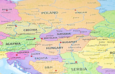 Naklejka premium Colorful political map of Central Europe showing countries and capitals