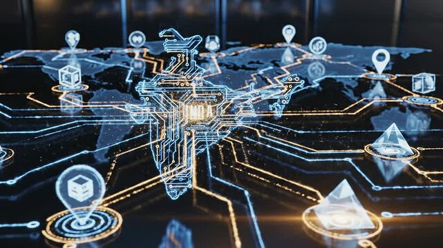Sleek Abstract India Map Illuminated with Glowing Circuits on a High-Tech Financial Technology Concept Background