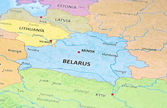 Map of Belarus and surrounding Eastern European countries with capital Minsk highlighted