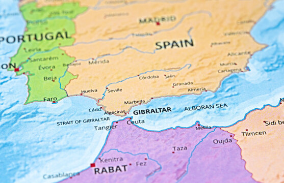 Map showing the Strait of Gibraltar, Spain, Portugal, and Morocco