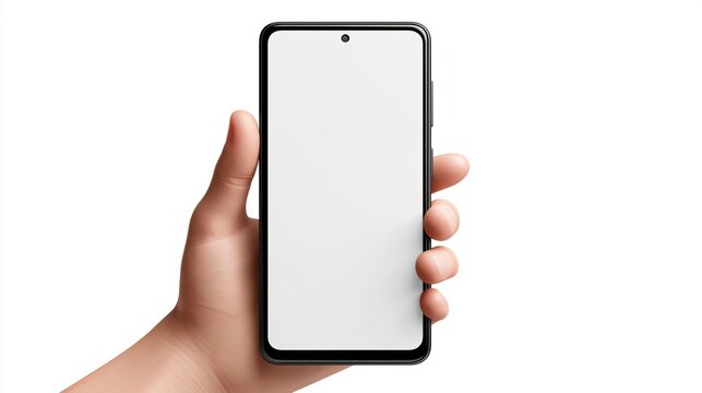 Mobile phone mockup with blank white screen in human hand, 3d render illustration put on a sweater, hold a smartphone Mobile digital device in arm isolated on white