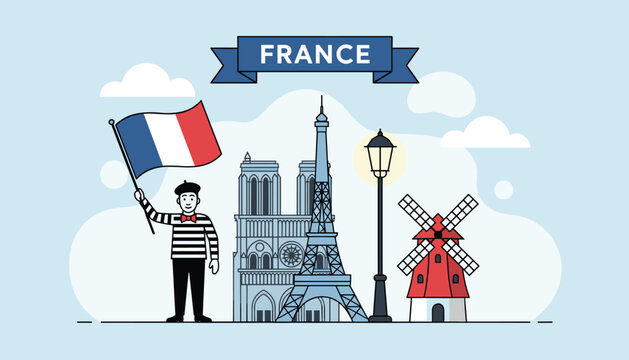 France travel illustration featuring national icons like the Eiffel Tower, Notre Dame, a windmill, a street lamp, and a mime with a flag.