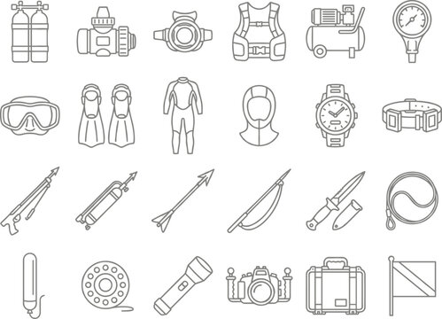 Diving and Spearfishing Equipment Line Icons Set for Underwater Activities