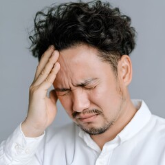 Fototapeta premium A man suffering from a severe headache, pressing his temple with his hand and grimacing in pain
