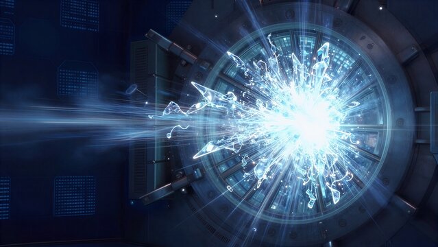 High-tech door shatters with brilliant blue energy burst in futuristic lab setting.