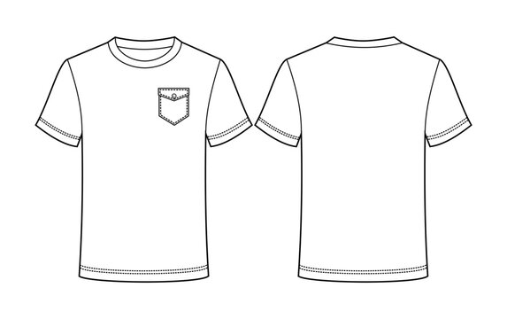 Crew neck T-shirt template with a front chest pocket mockup, front and back views.	