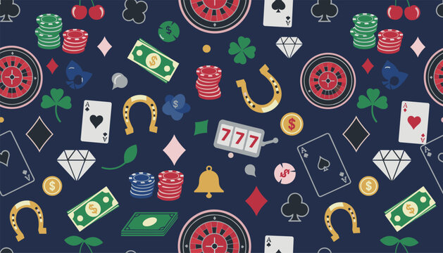Vibrant casino gambling pattern featuring roulette wheels and playing cards with poker chips and lucky icons on a dark blue backdrop.