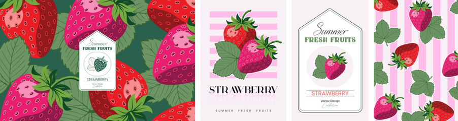 Strawberry vector collection of seamless patterns, fruit labels, packaging templates and botanical illustrations. Fresh summer berry designs for branding, advertisement, wrapping, textiles, prints. © Avril