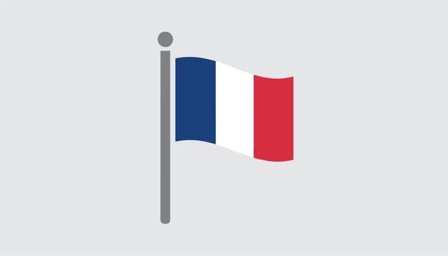 National flag of France with its distinctive blue, white, and red vertical stripes waving on a simple grey flagpole.