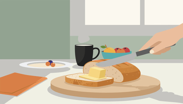 Breakfast scene showing a hand using a knife to spread a pat of fresh butter onto a slice of bread on a wooden cutting board.