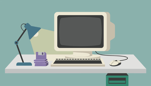 Retro workspace setup featuring a classic desktop computer with a CRT monitor, floppy disks, and a blue desk lamp.