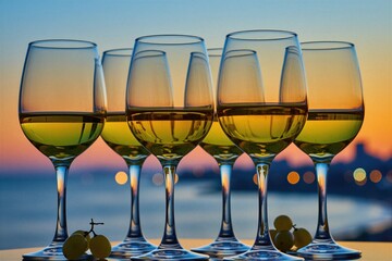 Obraz premium Six glasses filled with white wine stand against dusk ocean sunset sky. Grapes and city lights form background. Perfect for celebrations or quiet relaxation.